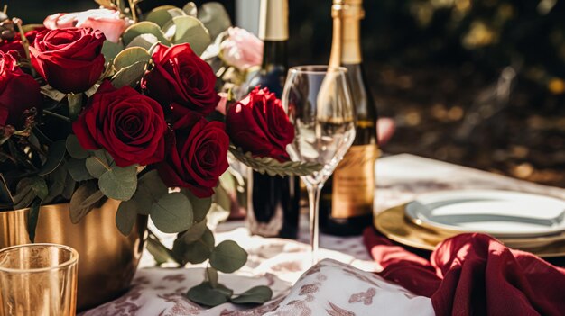 Desenho de mesa de casamento e celebração de eventos com flores cenário formal de mesa de jantar com rosas e vinho decoração elegante de mesa floral para jantar e decoração de férias estilo de casa