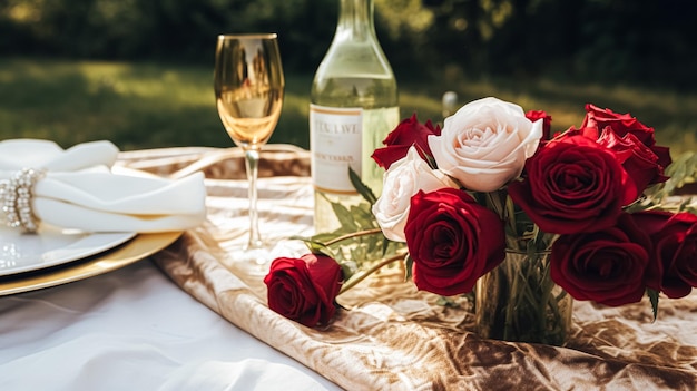 Desenho de mesa de casamento e celebração de eventos com flores cenário formal de mesa de jantar com rosas e vinho decoração elegante de mesa floral para jantar e decoração de férias estilo de casa