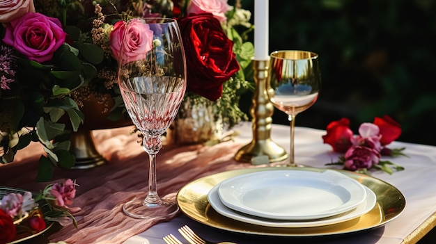 Desenho de mesa de casamento e celebração de eventos com flores cenário formal de mesa de jantar com rosas e vinho decoração elegante de mesa floral para jantar e decoração de férias estilo de casa