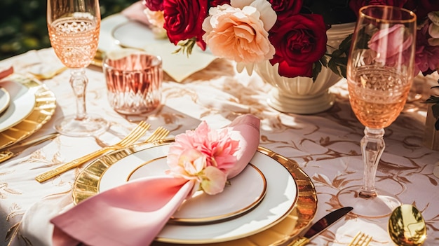 Desenho de mesa de casamento e celebração de eventos com flores cenário formal de mesa de jantar com rosas e vinho decoração elegante de mesa floral para jantar e decoração de férias estilo de casa