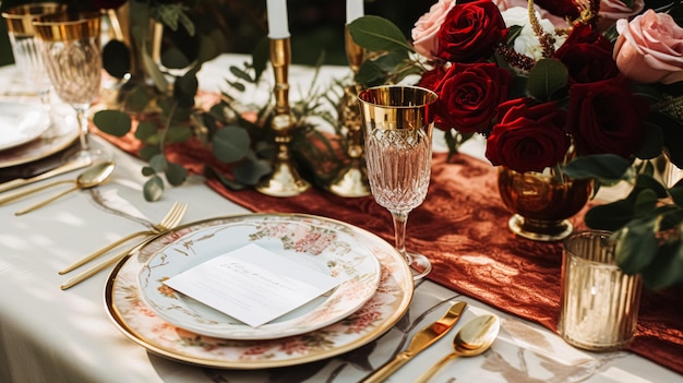 Desenho de mesa de casamento e celebração de eventos com flores cenário formal de mesa de jantar com rosas e vinho decoração elegante de mesa floral para jantar e decoração de férias estilo de casa