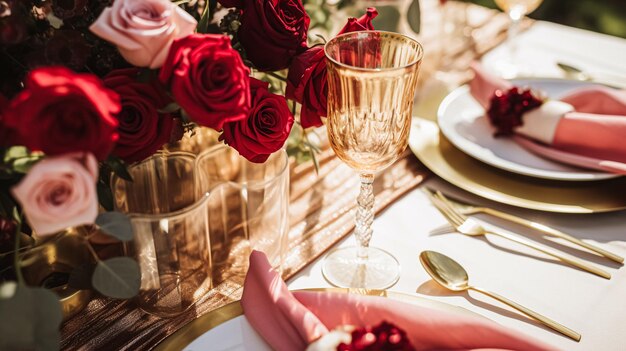 Foto desenho de mesa de casamento e celebração de eventos com flores cenário formal de mesa de jantar com rosas e vinho decoração elegante de mesa floral para jantar, festa e decoração de férias ideia de estilo doméstico