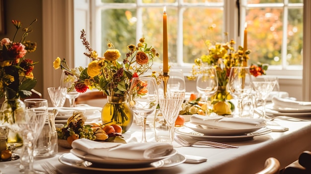 Desenho de mesa de férias de outono decoração formal de mesa de jantar decoração de mesa com elegante decoração floral de outono para festa de casamento e ideia de decoração de evento