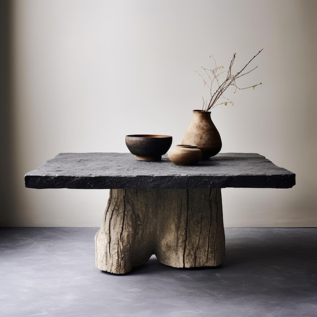 Desenho de mesa Wabi Sabi abraçando a imperfeição com pernas de madeira com textura de azeitona e textura de pedra macia