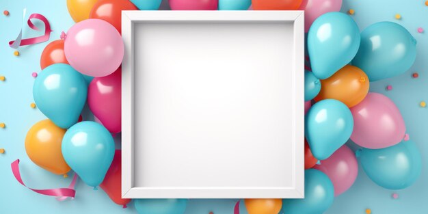 Desenho de modelo de saudação de aniversário Anos de aniversário feliz espaço de moldura de tabuleiro branco com balões coloridos voadores e elemento de confete para celebração do aniversário Cores suaves pastel Menino ou menina