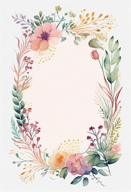 Desenho de moldura de flor de primavera em aquarela com decoração de modelo de fundo de espaço de texto para cartões Generative AI