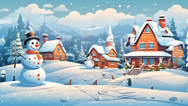 Desenho de paisagem simples de neve de inverno e casas com árvore de Natal e desenho de boneco de neve