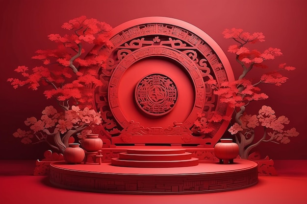 Desenho de palco em estilo chinês para o festival do Ano Novo Chinês ou festival do meio do outono com arte de corte de papel vermelho em fundo vermelho