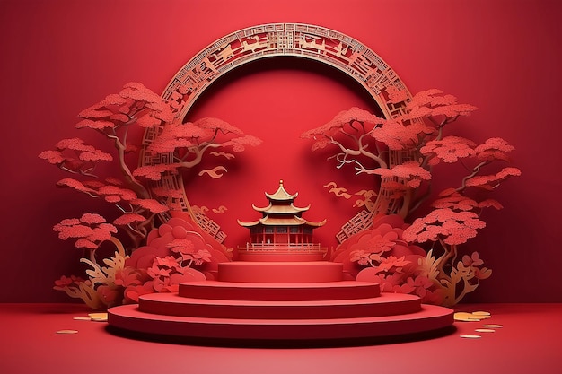 Foto desenho de palco em estilo chinês para o festival do ano novo chinês ou festival do meio do outono com arte de corte de papel vermelho em fundo vermelho