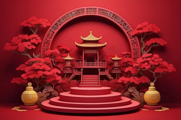 Foto desenho de palco em estilo chinês para o festival do ano novo chinês ou festival do meio do outono com arte de corte de papel vermelho em fundo vermelho