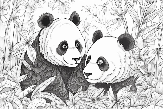 desenho de Pandas na selva para colorir