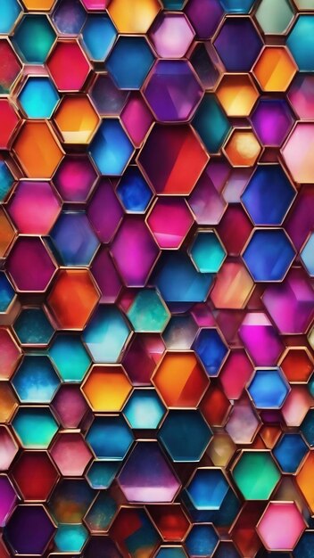 Desenho de papel de parede de fundo de vidro abstrato em escala de hexágono colorido geométrico