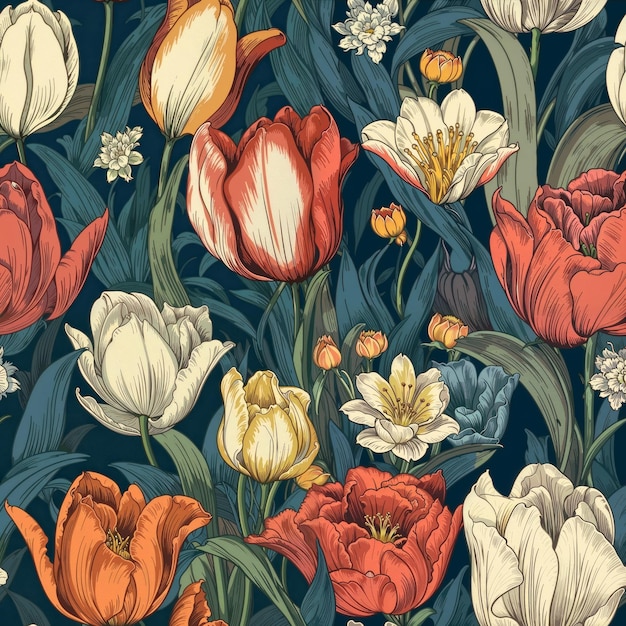 Desenho de papel de parede de primavera com padrões de tulipas sem costura e flores chintzy