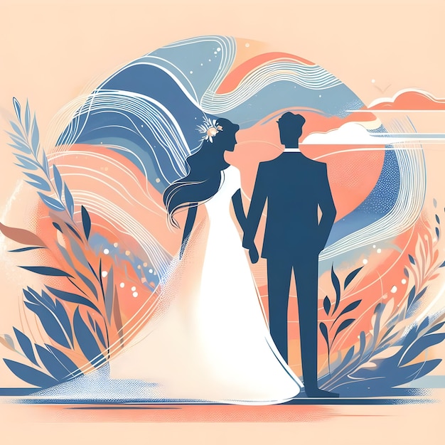 Desenho de papel de parede de uma noiva e um noivo em um pôr-do-sol