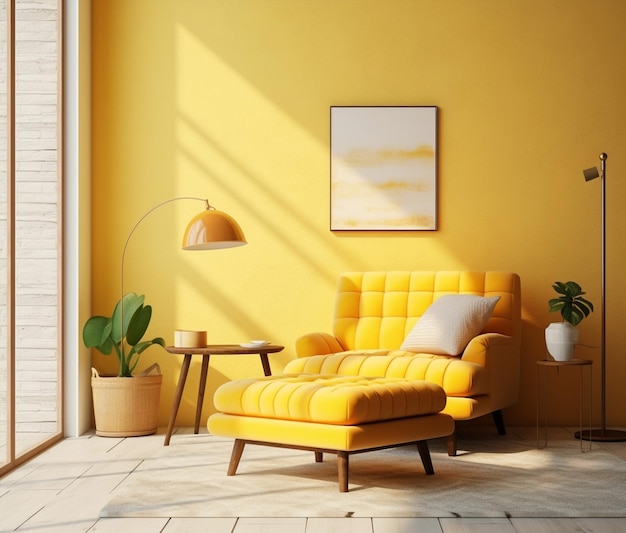 Desenho de parede interior de piso mesa de apartamento amarelo móveis confortáveis decoração de casa de vida moderna estilo de fundo sofá sala branca luz brilhante