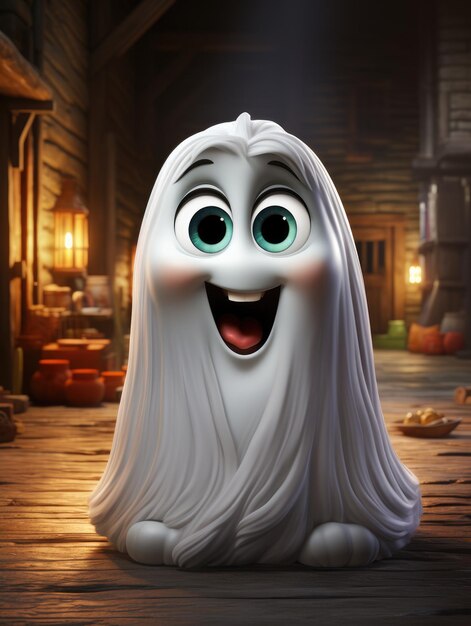 Foto desenho de personagens para um desenho animado monstro sorridente engraçado fantasma brilhante ilustração 3d no estilo de desenhos animados e contos de fadas children39s