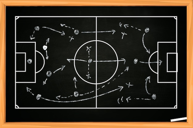 Foto desenho de placa de giz de modelo de estratégia de futebol ou jogo de futebol no quadro negro