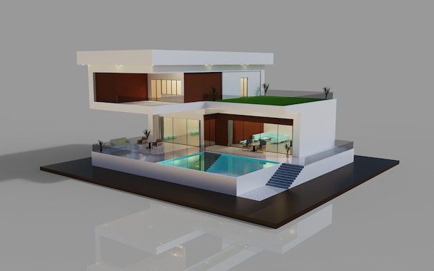 Desenho de renderização 3D moderno exterior da ilustração do modelo da casa com piscina