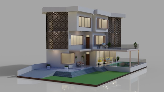 Desenho de renderização 3D moderno exterior da ilustração do modelo da casa com piscina