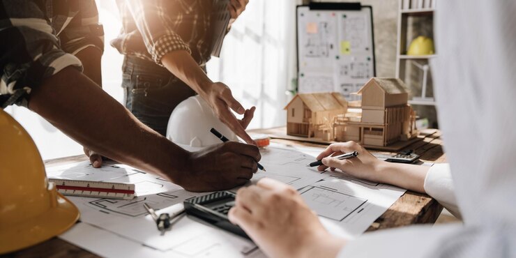 Desenho de reunião de trabalho em equipe de engenheiro trabalhando na reunião de planta para projeto trabalhando com parceiro na construção de modelos e ferramentas de engenharia no local de trabalho Conceito de construção e estrutura