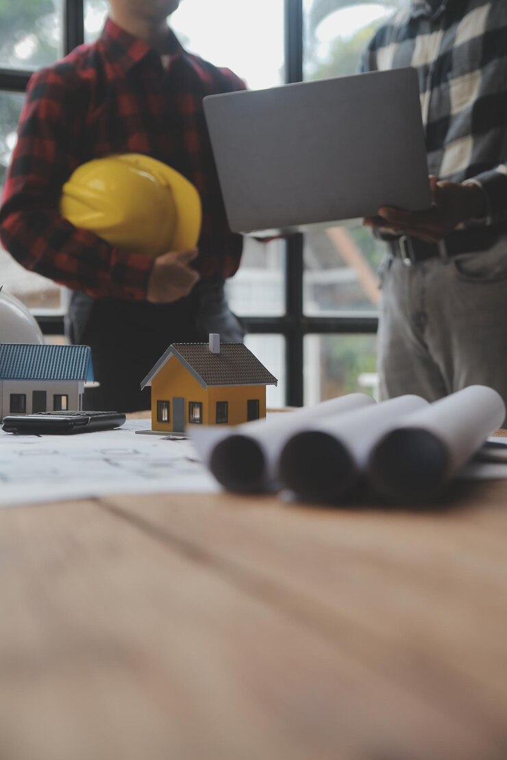 Foto desenho de reunião de trabalho em equipe de engenheiro trabalhando na reunião de projeto para o projeto que trabalha com o parceiro na construção de modelos e ferramentas de engenharia no local de trabalho conceito de construção e estrutura