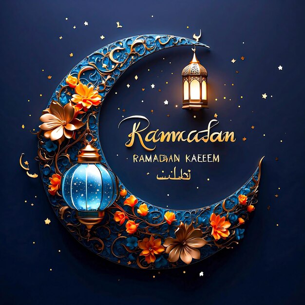 Foto desenho de saudação de kareem ramadan com crescente e lanterna