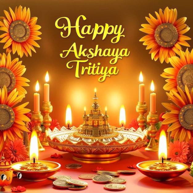 Foto desenho de saudação para akshaya tritiya com velas, moedas de ouro e girassóis em um fundo vermelho gradiente