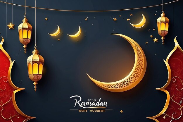 Foto desenho de saudações vetoriais de ramadan kareem com lanterna ou fanoos pendurados em lua crescente amarela em fundo vermelho