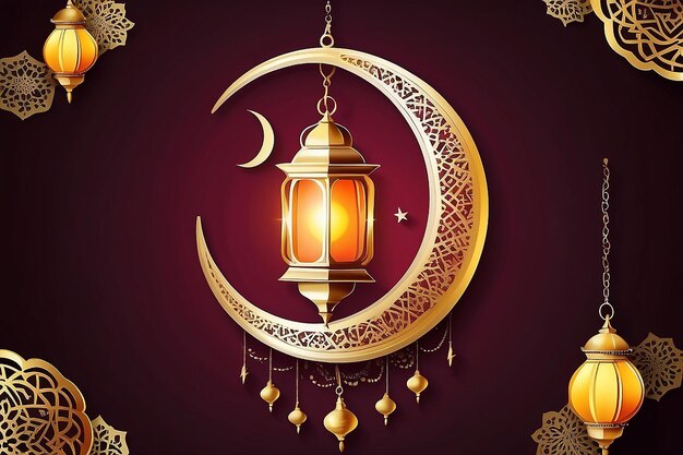 Foto desenho de saudações vetoriais de ramadan kareem com lanterna ou fanoos pendurados em lua crescente amarela em fundo vermelho