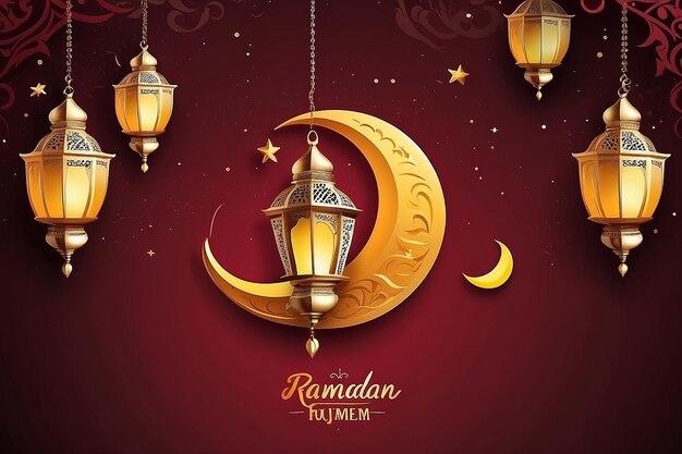Desenho de saudações vetoriais de Ramadan kareem com lanterna ou fanoos pendurados em lua crescente amarela em fundo vermelho