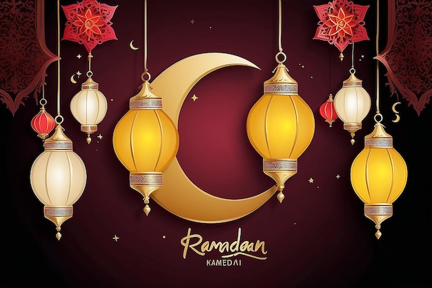 Desenho de saudações vetoriais de Ramadan kareem com lanterna ou fanoos pendurados em lua crescente amarela em fundo vermelho