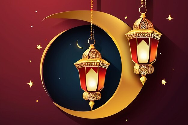 Foto desenho de saudações vetoriais de ramadan kareem com lanterna ou fanoos pendurados em lua crescente amarela em fundo vermelho