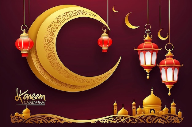 Foto desenho de saudações vetoriais de ramadan kareem com lanterna ou fanoos pendurados em lua crescente amarela em fundo vermelho