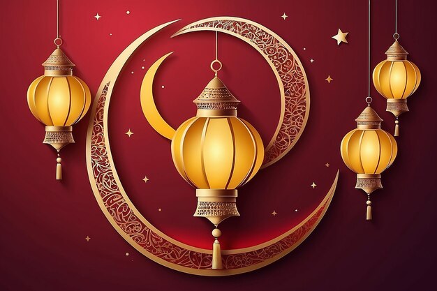 Foto desenho de saudações vetoriais de ramadan kareem com lanterna ou fanoos pendurados em lua crescente amarela em fundo vermelho