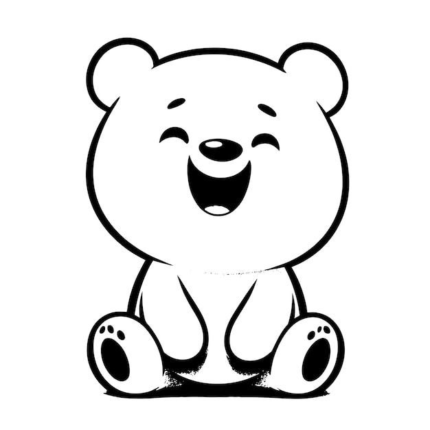 Desenho de silhueta preto e branco de um ursinho de pelúcia branco, fofo, engraçado e feliz