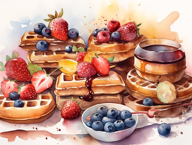 Desenho de sobremesas de waffles e panquecas com geléia e mel no estilo de pintura em aquarela AI gerado AI generative AI generativ