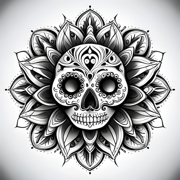 desenho de tatuagem assustador com padrões de scull e laves