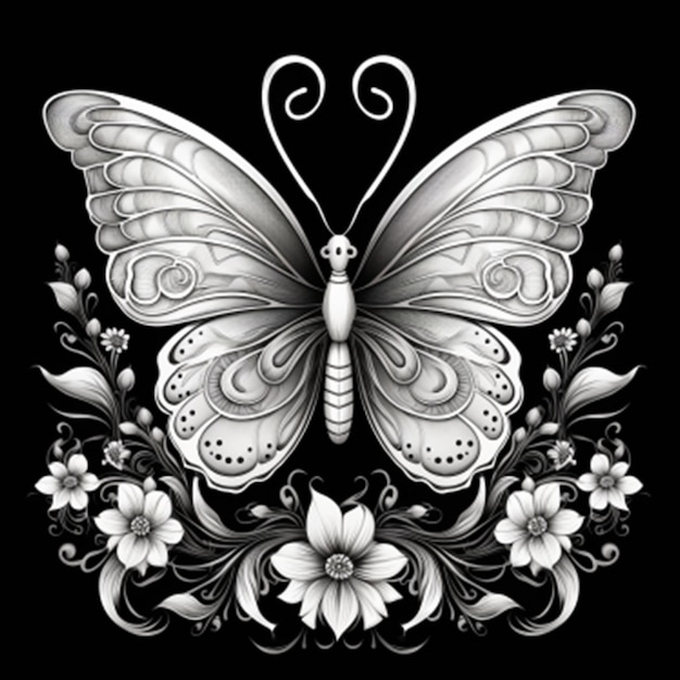 desenho de tatuagem com flores borboleta pintura de ilustração digital