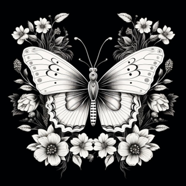 Desenho de tatuagem com pintura de ilustração digital de borboleta de flores