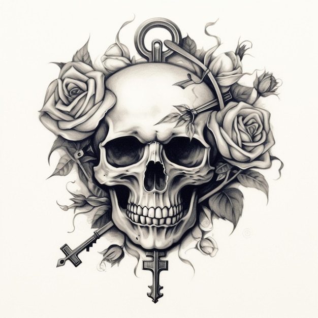 desenho de tatuagem de caveira e rosas com chave e rosa generativa ai