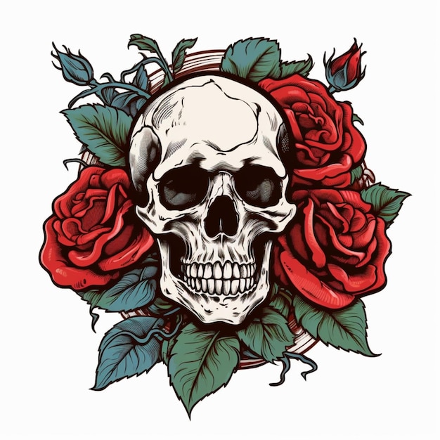 Desenho de tatuagem de crânio e rosas generativo ai