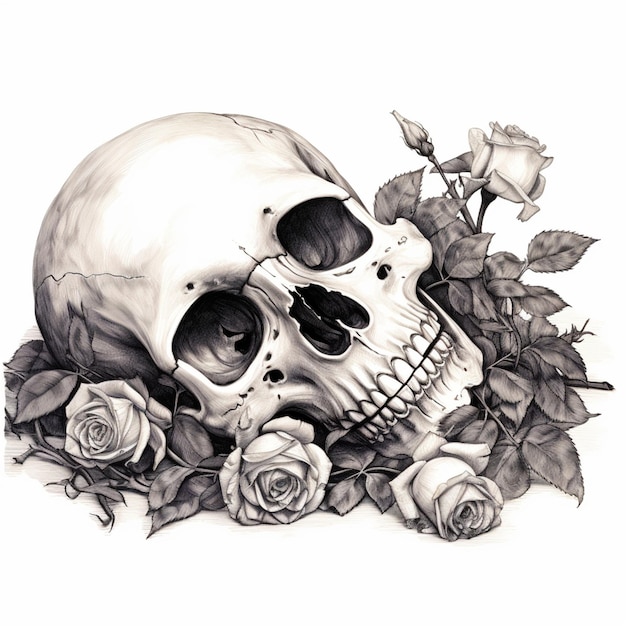 Desenho de tatuagem de crânio e rosas por artista generative ai