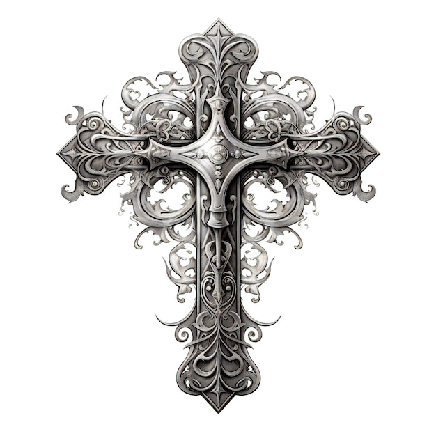 Desenho de tatuagem de cruz em fundo branco no estilo de barroco-inspirado chiaroscuro prata escura a