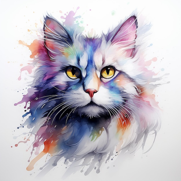 Desenho de tatuagem de elegância felina de gato aquarelado em fundo branco plano