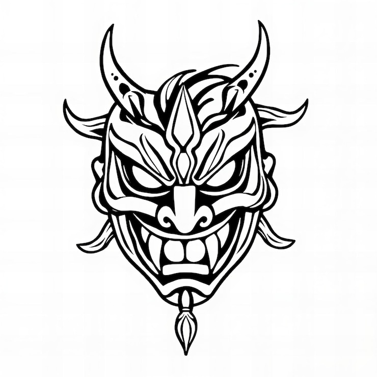 Foto desenho de tatuagem de máscara oni japonesa em estilo preto e branco plano com linhas simples e ousadas