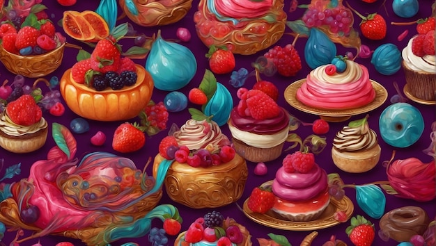 Desenho de tecido de padrão de sobremesa intrincado de alto detalhe cores vibrantes repetindo o motivo de sobremesa