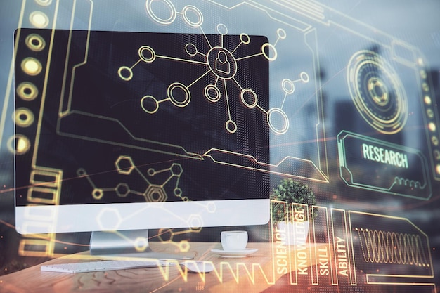 Desenho de tema de tecnologia e mesa com computador Multi exposição Conceito de informação