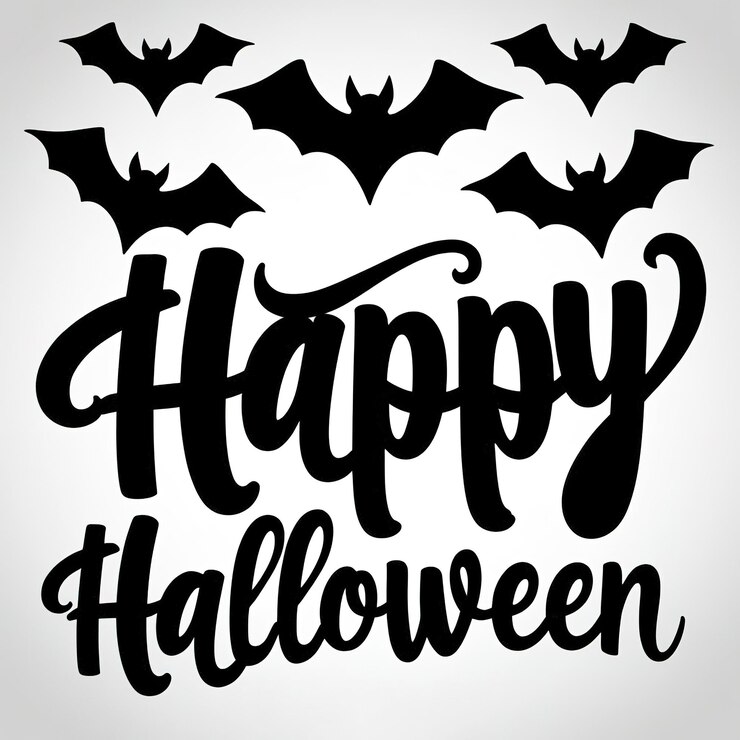 Foto desenho de texto feliz de halloween com silhueta de morcegos voadores