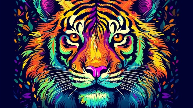 Desenho de tigre psicodélico trippy estilo rave dos anos 70 cor ácida conceito Retrowave