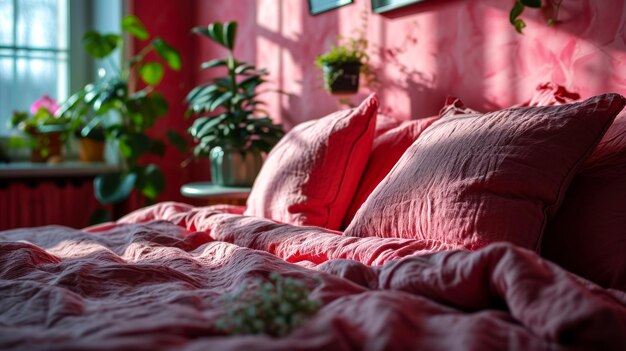 Desenho de um apartamento aconchegante em cores rosa e coral em estilo boho a luz do sol da manhã